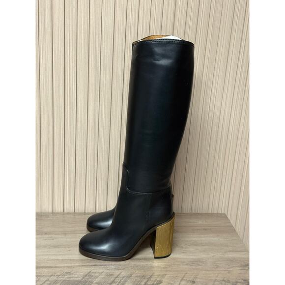 GUCCI Gold Heel Black Leather Knee Boots "Lifford" Size 37 IT / 7 US Authentic - Picture 4 of 16